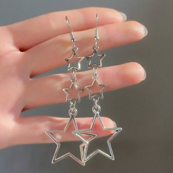 Silver Star Drop Earrings - Picture 1 of 4